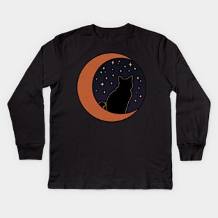 Black Cat and Rose Gold Crescent Moon Kids Long Sleeve T-Shirt